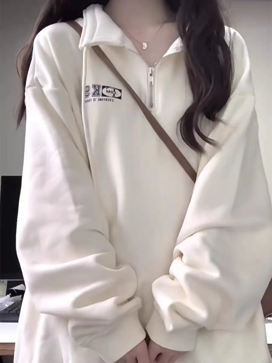 

Y2K White Cotton Hoodies For Women Zip Polo Collar Hoodies American Style Vintage Pullovers Loose Oversized Overcoat Teens