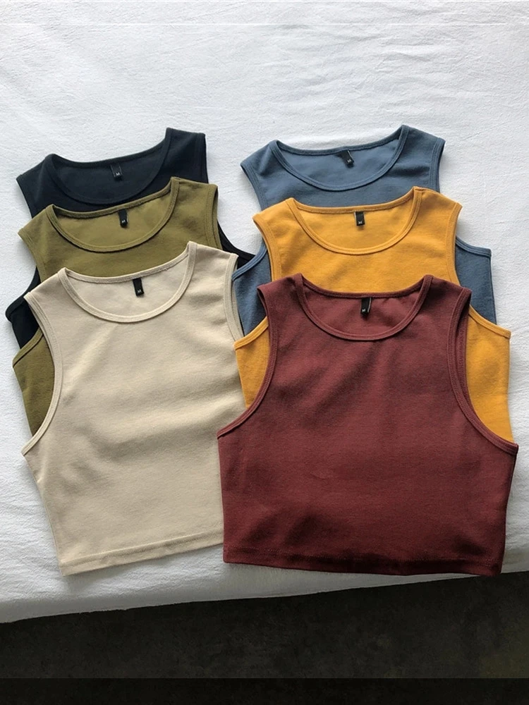 

Summer new ladies retro crop top high waist slimming stretch slim short sleeveless bottoming top