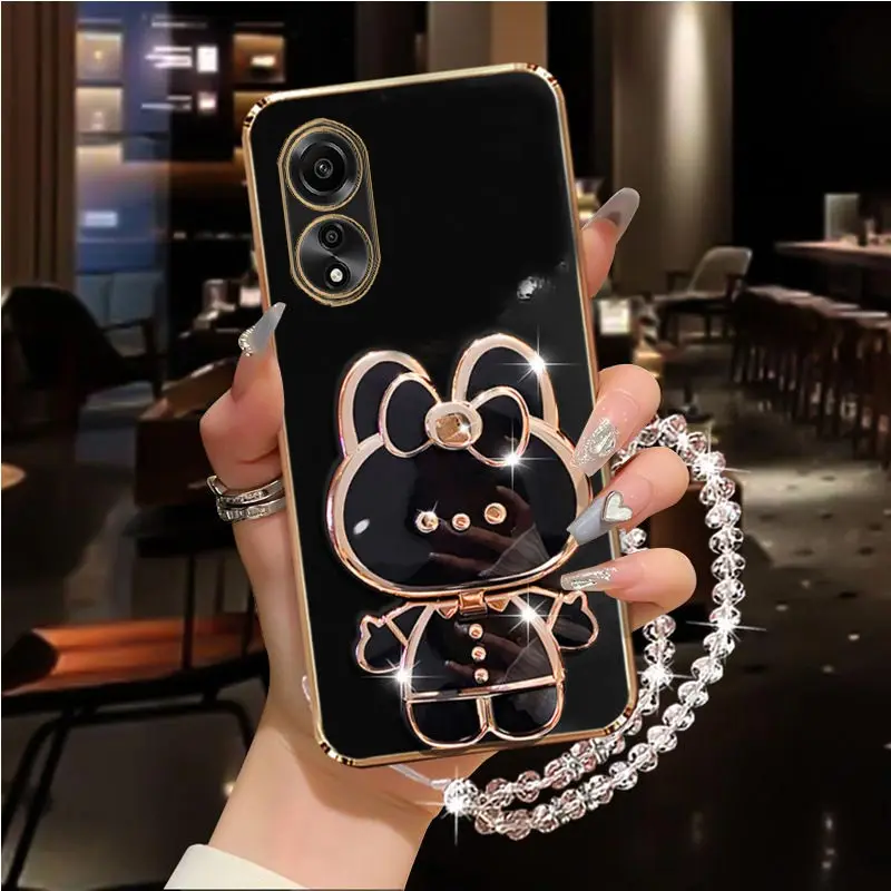 Elegant Diamond Strap Mirror Rabbit Holder Phone Case with Stand Cover