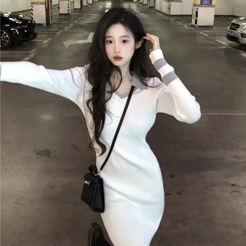 

Spicy Girl Polo Knit Dress Women Korean Slim Splice Stripes Temperament Fashion Sweet Solid Casual Winter Elastic Hip Wrap Skirt