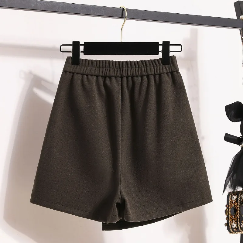 Women's High Waist Patchwork Pockets Woolen Shorts Autumn Winter Fashion Solid Color Elastic Waist Loose Wide Leg Trouser Skirts