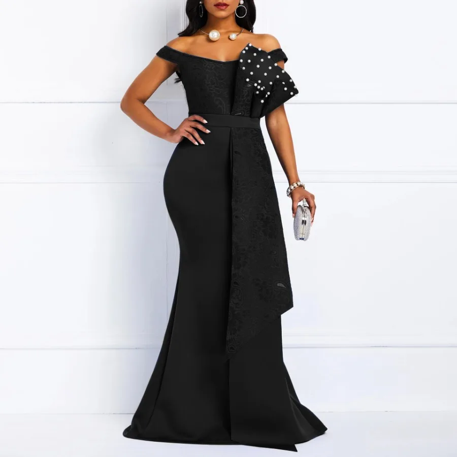 

Women Off Shoulder Long Dress Sexy Mermaid Slash Neck Beads Skinny Prom Evening Fashion dress Lace Elegant Party Maxi Dress