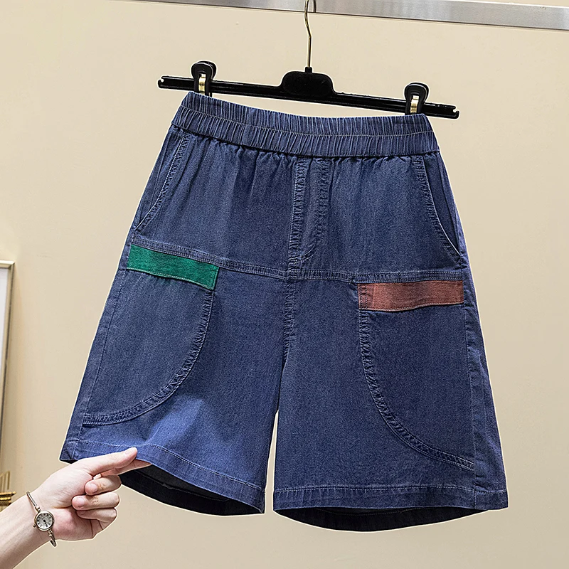 2024 Summer New Large Women's Minimalist Elastic High Waist Solid Color Patchwork Pocket Thin Loose Wide-leg Casual Denim Shorts