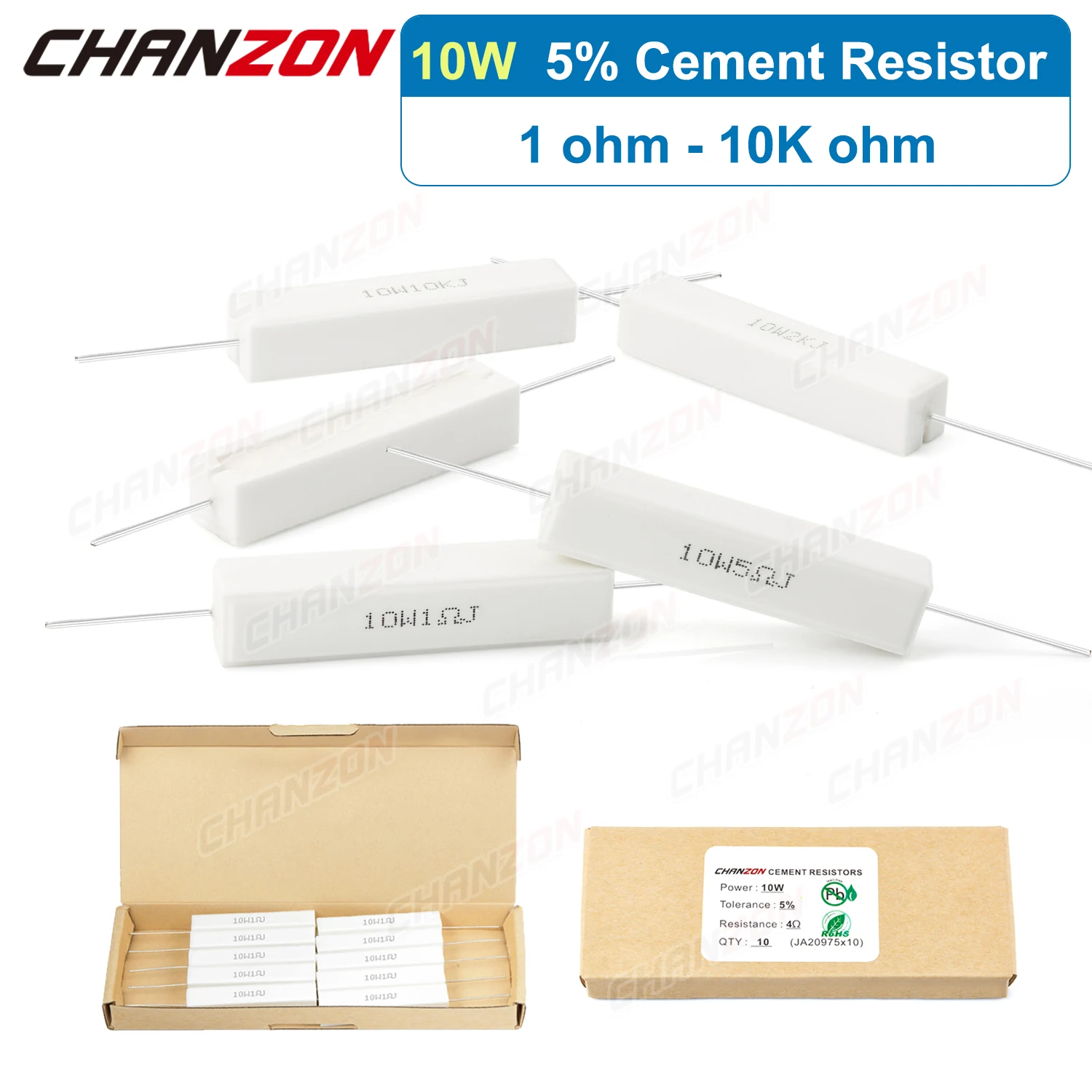 Resistencias de cemento de 10W, 1, 2, 4, 5, 8, 15, 20, 25, 100, 250, 1K, 10K ohm, resistencias bobinadas de cerámica, SQP10W, 10 vatios, 5ohm, resistencia fija