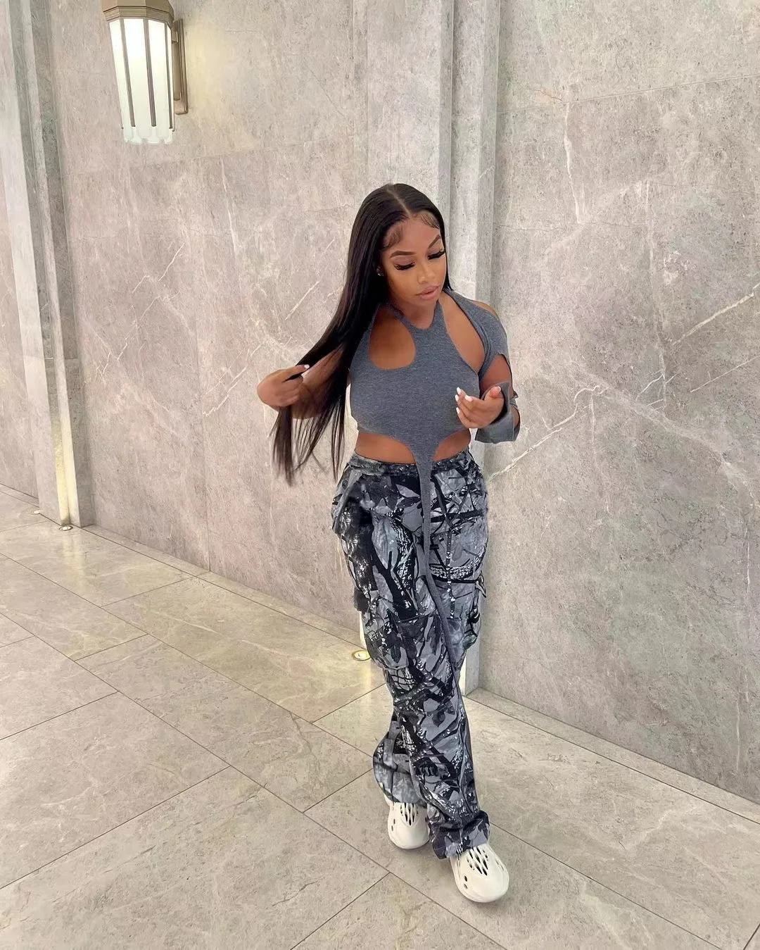 Women'S Trousers Summer Women Streetwear High Waist Cargo Pants With Pockets Lady Casual Camouflage Baggy Straight Wide Leg Pant