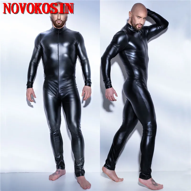 Men Underwear Sexy Lingerie Plus Size S-5XL Men Catsuit Faux Leather Two Way Long Zipper Crotch Bodysuit Night Club DS Jumpsuit