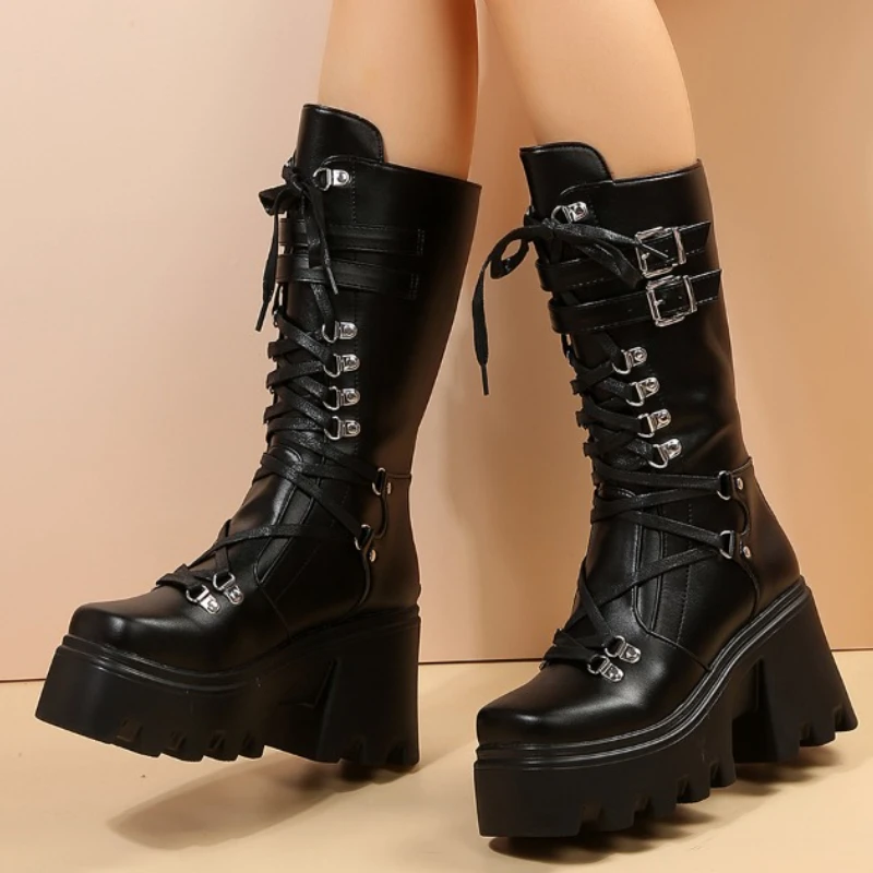 

Женские сапоги на высокой танкетке, теплые готические сапоги на толстой подошве, в стиле панк, 2023