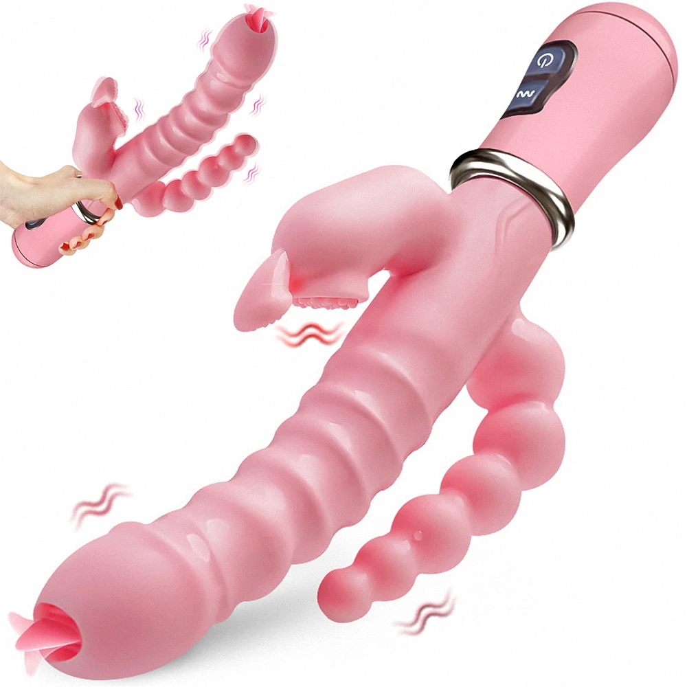 3 In 1 Dildo Rabbit Vibrator Tongue Licking Double Rod Masturbation Anal Clit Vibrator for Women female sex toys