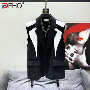 PFHQ 남성용 패셔너블 콘트라스트 컬러 패치워크 노치 조끼, 루즈한 남성용 민소매 스트레이트 재킷, 여름 2023 타이드 21F4005, 신제품