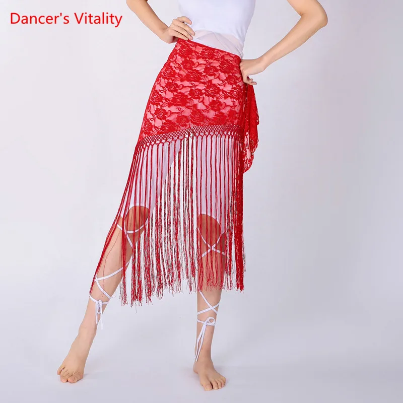 Danza del ventre sciarpa dell'anca pizzo nappa triangolo cintura pratica gonna femminile elegante frange lunghe professione abbigliamento Performance