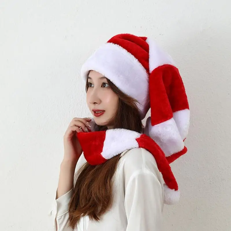 51in Plush Novelty Long-tail Santa Hat Striped Christmas Hat for Boy Girl Party F0T6