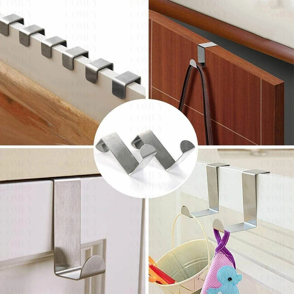 Storage Hook Door Hook 6Pcs Drawer Hook Stainless Steel Reversible Over Door Cabinet Cupboard Door Towel Hanger Holder Hook Rack Office Kitchen Coat