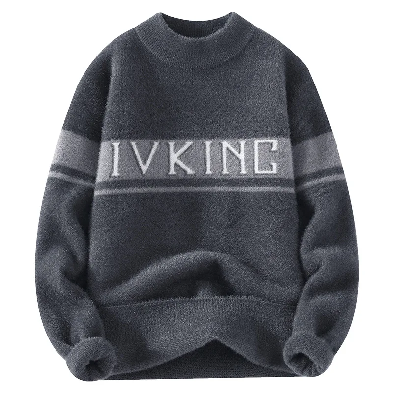 

#4339 Winter Mohair Sweater Men Letters Skinny Knitwear Man Sweaters Warm Round Neck Knitted Pullover White Gray Sweaters Warm