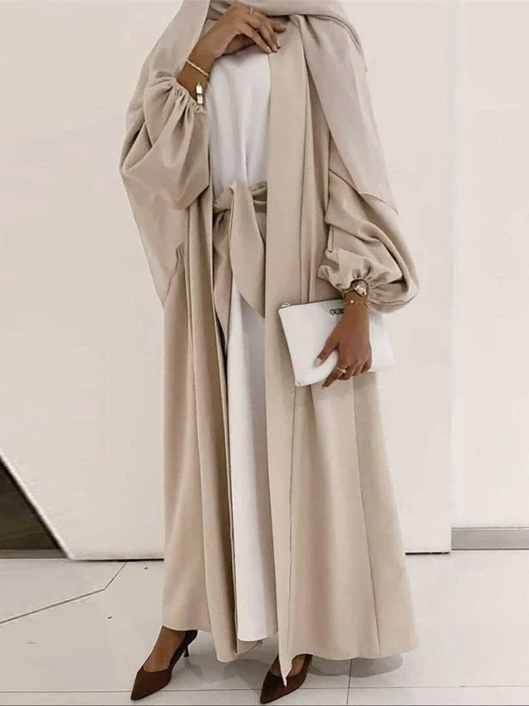 Plain Arabic Kimono Abaya Open Turkey Elastic Cuff Belted Abayas for Women Dubai Muslim Hijab Dress Islam Outfits Kaftan Robe