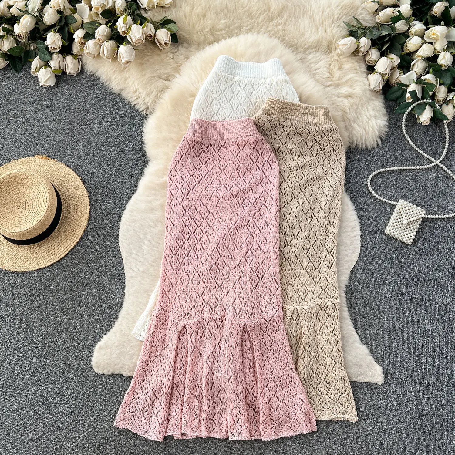 

Women Solid Hook Flower Hollow High Waist Split Knit Full Party Fashion Vintage Hip Wrap Trumpet Skirt Summer Clothing