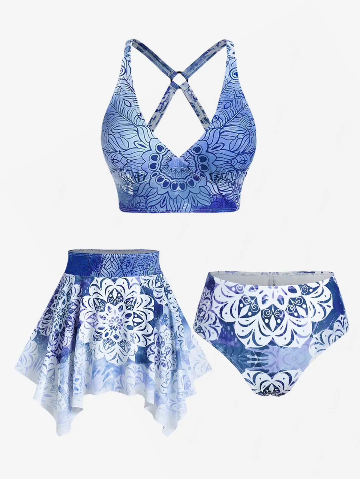 ROSEGAL Plus Size Women's Three-Piece Padded Tankini Swimsuit Stripe Colorblock Bikinis Set, Or Purple Ethnic Printed Swimwears