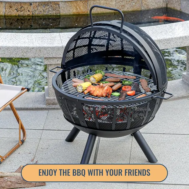 35 Inch Wood Burning Fire Pit with BBQ Grill, Heavy Duty Fire Pits Ball for Outside with Spark Screen & Removable Ash Pan 3