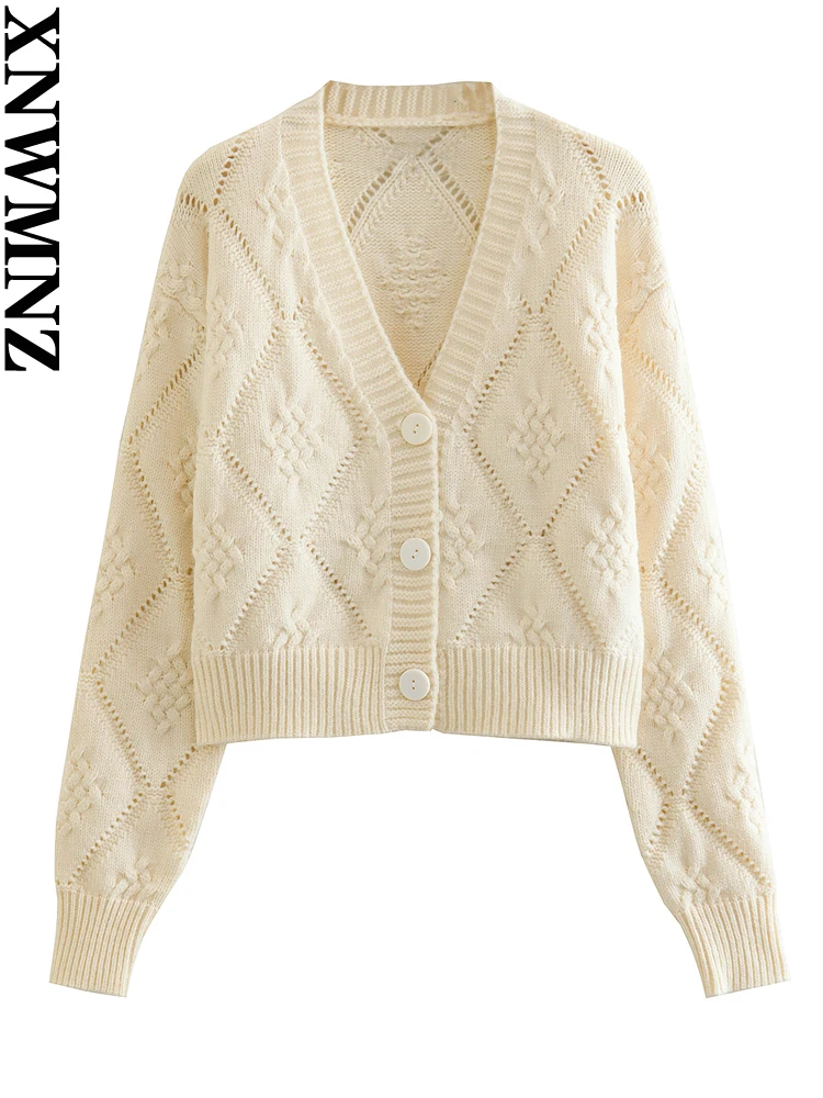 

XNWMNZ 2022 Women Fashion Rhombic Knit Cardigan Sweater Vintage Long Sleeve V-neck Female Outerwear Female Chic Coat