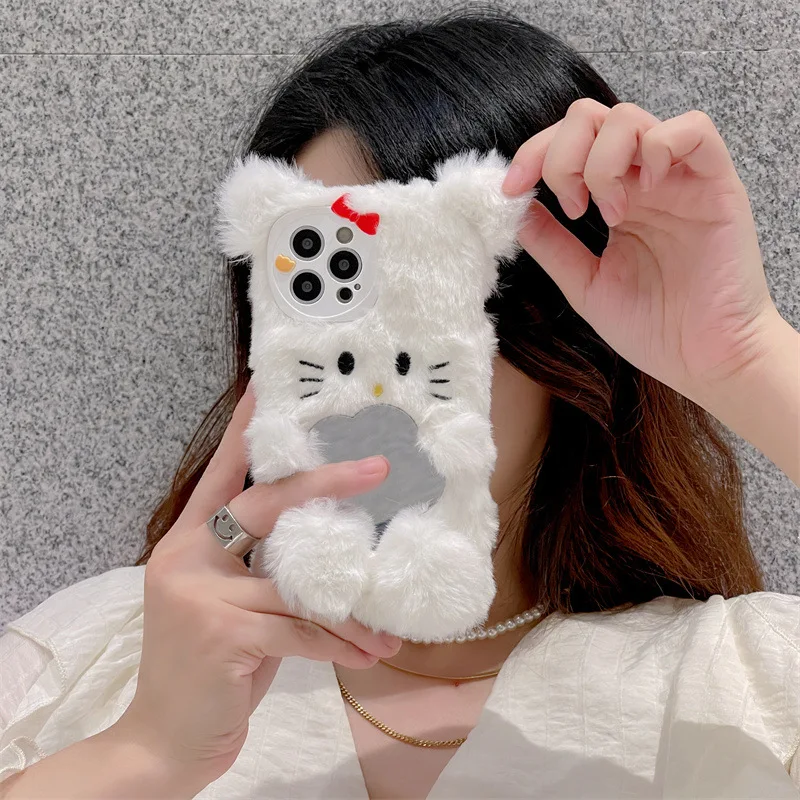 

Sanrio Plush Mirror Cell Phone Case Cover Hello Kittys Accessories Cute Anime Kawaii Apply Iphone15121314Promax Toys Girls Gift