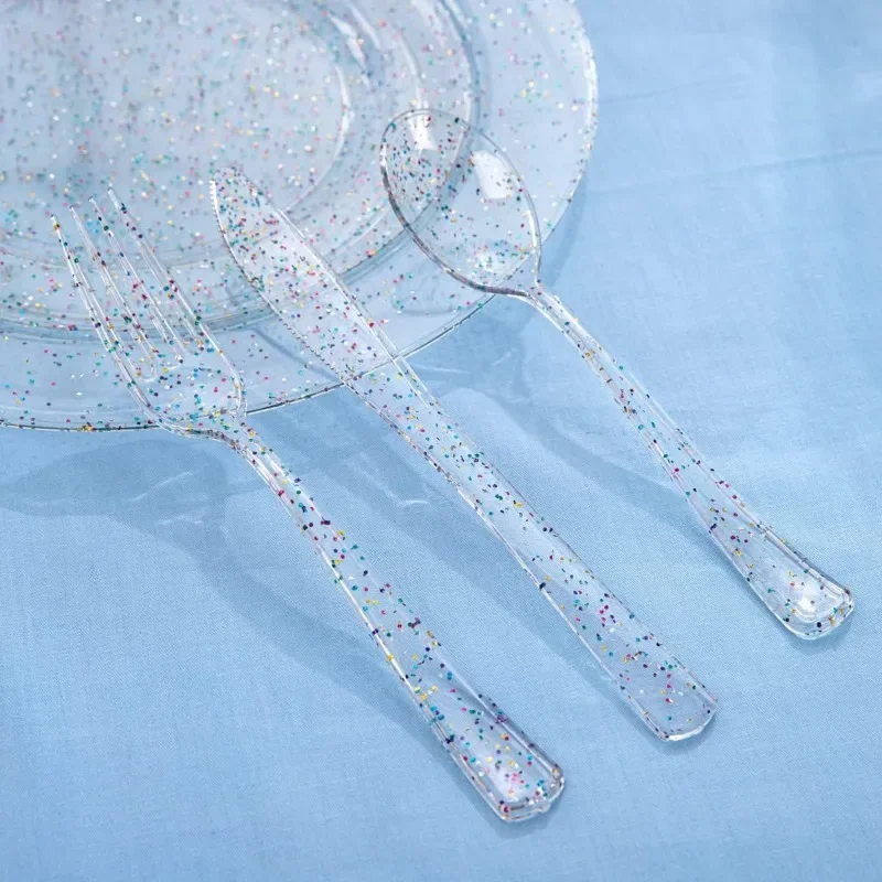 180PCS Glitter Plastic Plates with Glitter Disposable Silverware, Include 30Dinner Plates, 30Dessert Plates, 90Cutlerys, 30Cups
