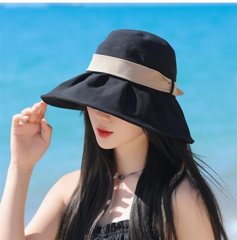 Fisherman Hat Women Summer Outdoor UV large brim sunscreen hat Korean solid color show face small sun hat beach