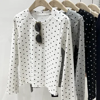 2025 أوائل الخريف جديد سليم صالح مثير القمم الكورية نمط الحلو البولكا نقطة تي شيرت المرأة عادية كم طويل س الرقبة تيز 4