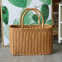 Home Storage Organizer Rattan Woven Basket With Handle Portable Picnic Basket Handwoven Rectangular Flower Basket Fruit 2