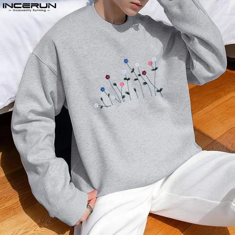 

INCERUN Топы 2023 корейский стиль Новые мужские вышитые стикеры пуловеры толстовки повседневные Модные с круглым вырезом с длинными рукавами свитшоты