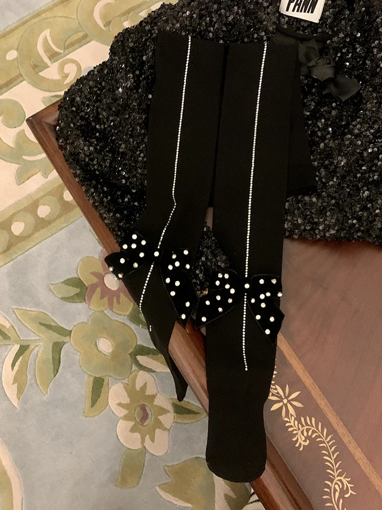 Vertical Rhinestone Velvet Bow Pressure Slimming Pantyhose Slimming and Warm Pantyhose for Women