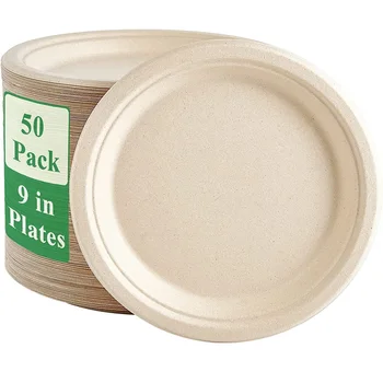 Piatti di carta usa e getta resistenti da 25-50 pezzi da 9 e 7 pollici Piatti di canna da zucchero ecologici biodegradabili naturali al 100% in bagassa compostabili 1