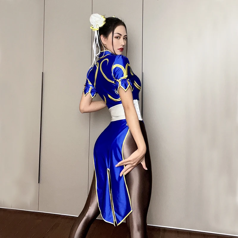 

4pcs set Shiny Glossy Satin One-piece Body Suit Japanese Anime Street Fighter Cosplay Chunli Skirt Sexy Costume Roleplay