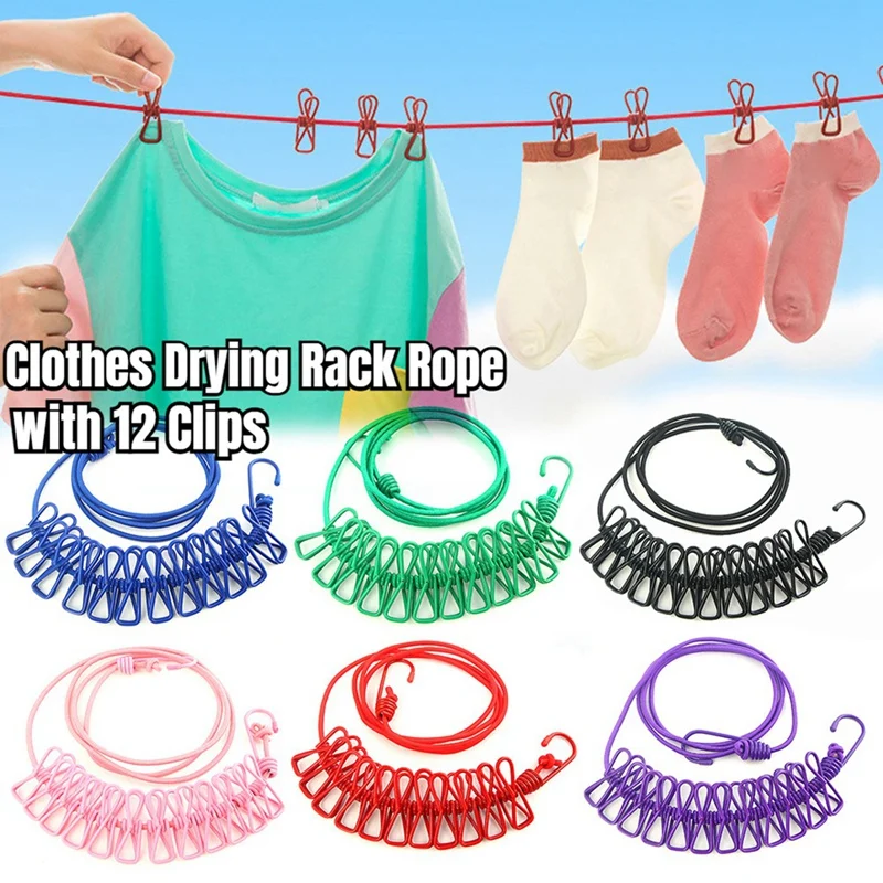 

Retractable Clothes Drying Rack Rope With 12 Clips Portable Clothesline Clothing Line For Laundry Drying Line Camping
