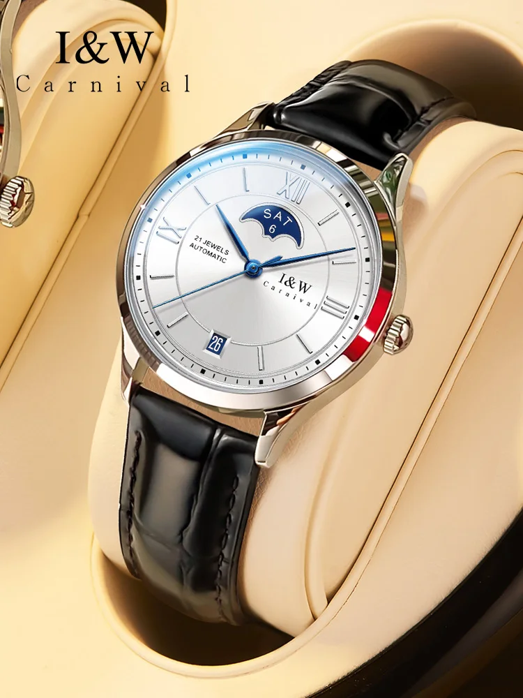 Relógio automático feminino I&W com fases da lua nova e calendário mecânico de safira, movimento MIYOTA_voghion.com