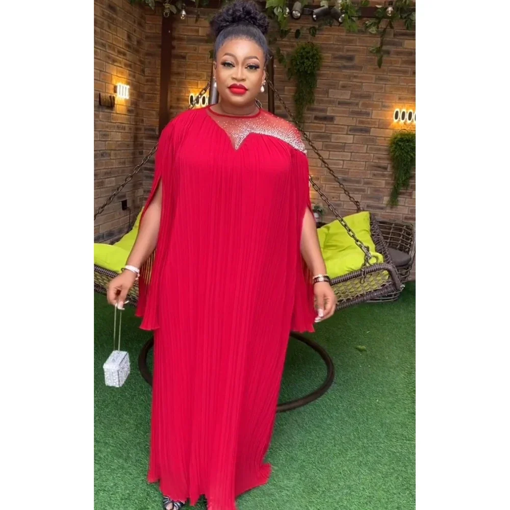 

African Women's Plus-size Pleated Chiffon Long Skirt Cape Sleeves Round Neck Press Drill Dress S9799