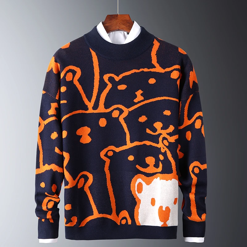 

2023 Mens Autumn Casual Sweaters Polar Bear Pattern Trendy Slim Sweaters Cotton Long Sleeve Round Collar Male Warm Pullovers