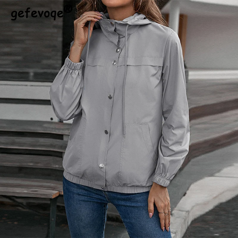 Spring Autumn Casual Fashion Hooded Sweatshirt Ladies Long Sleeve Buttons Cardigan Jacket Women Solid Color All-match Coat Top