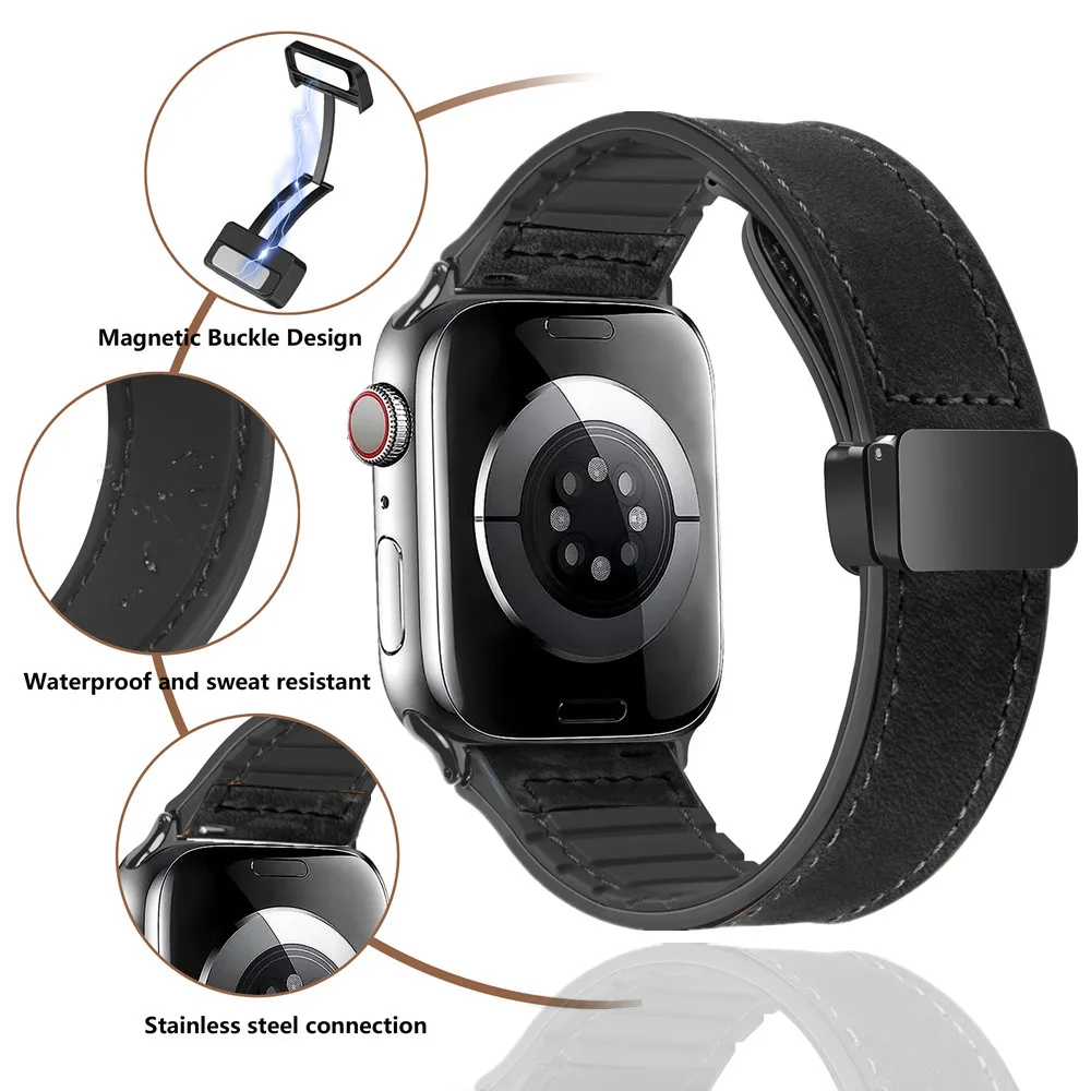Magnetic Leather & Silicone Apple Watch Bracelet Band