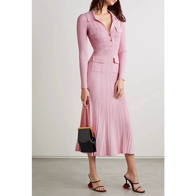 

Pink Knitted Sweater Dresses for Women 2023 Runway Designer Elegant Ruffles Long Sleeve Maxi Dress Autumn Vestido Longo Feminino