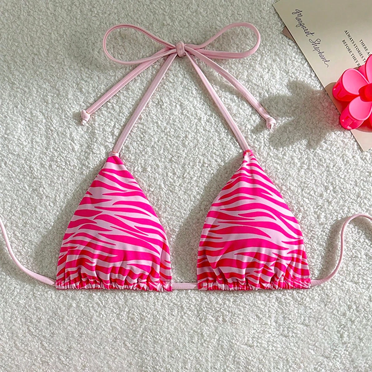 Striped swimsuit bikini halterneck lace-up design youthful pink single top