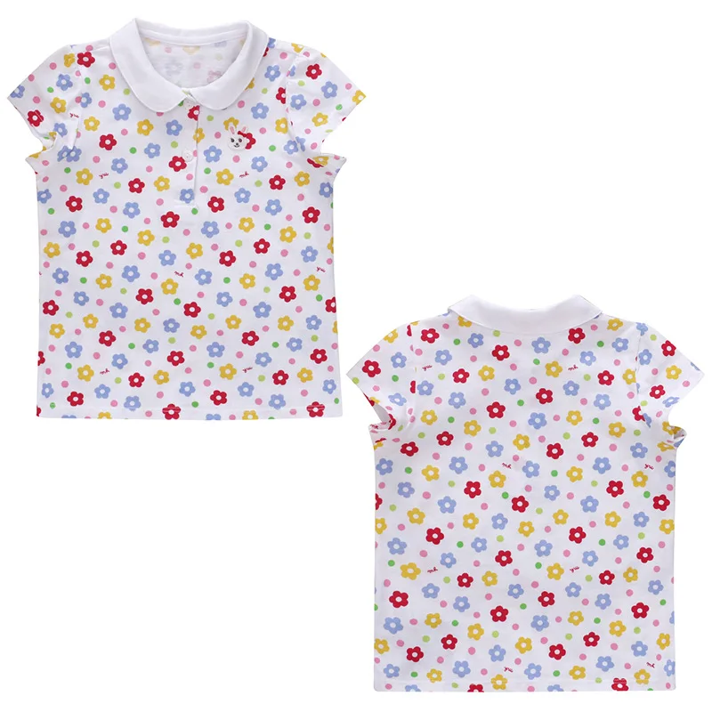 

New Girls Shirts Cartoon Rabbit Embroidery Fragmented Flower Full Print Korean Children's Tops Short Sleeve T-shirt Blouses