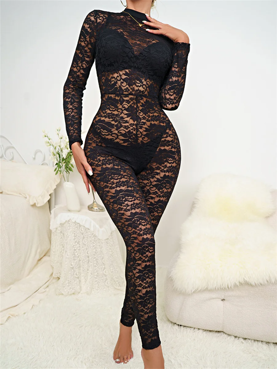 

See-through Lace Sexy Mesh Black Jumpsuit Long Sleeve Mock Neck Mesh Sheer Jacquard Pencil Pants Summer Romper Overalls 2024