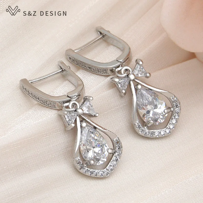 S&Z DESIGN New Fashion Water Drop Cubic Zirconia Bowknot Dangle Earrings For Women Wedding 585 Rose Gold Color Jewelry Gift
