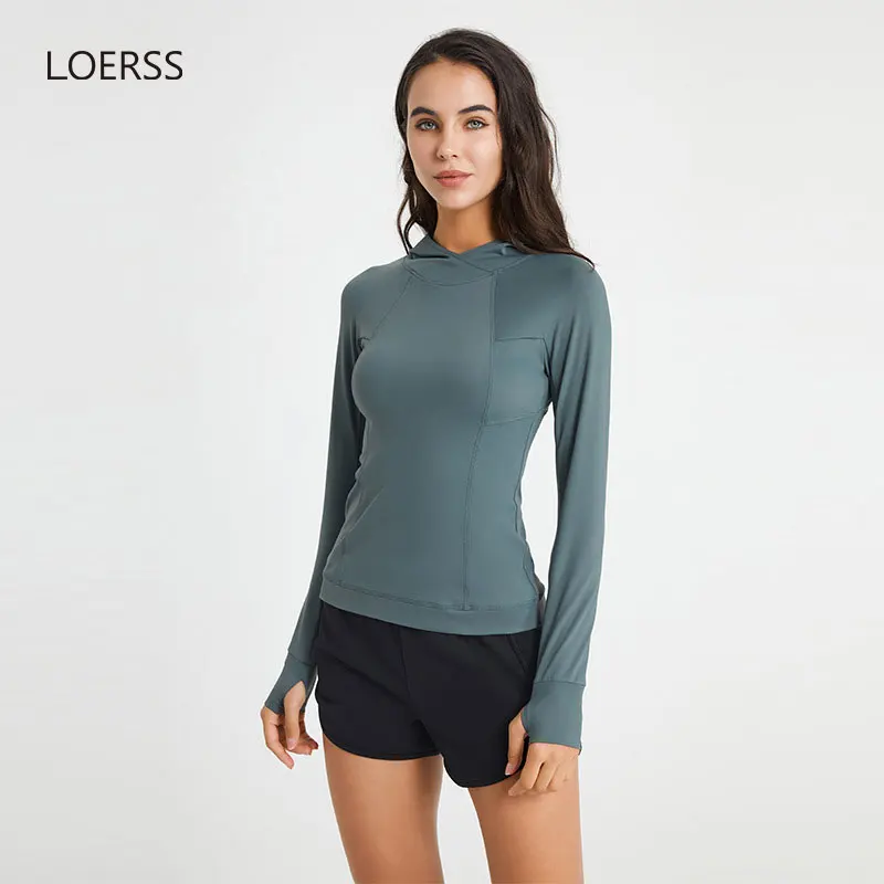 LOERSS 긴팔 요가 티셔츠, 스포츠 후드 탑, 슬림 퀵 드라이 피트니스 요가 러닝 운동 재킷, 가을 풀오버