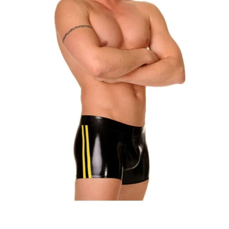 

Sexy Natural Latex Underwear Boxer Shorts Handmade Men Short Pants Black with Yellow Cosplay Costume