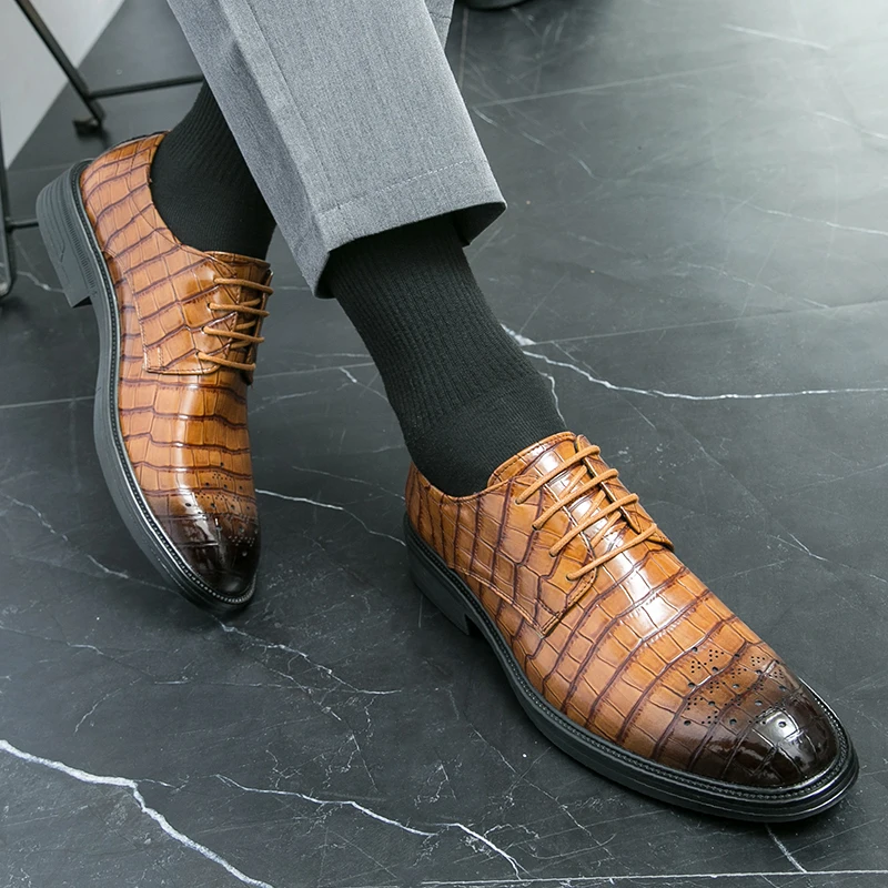 Men's dress leather leather breathable vintage Brock alligator print business pointed wedding shoes men's suit shoes 4