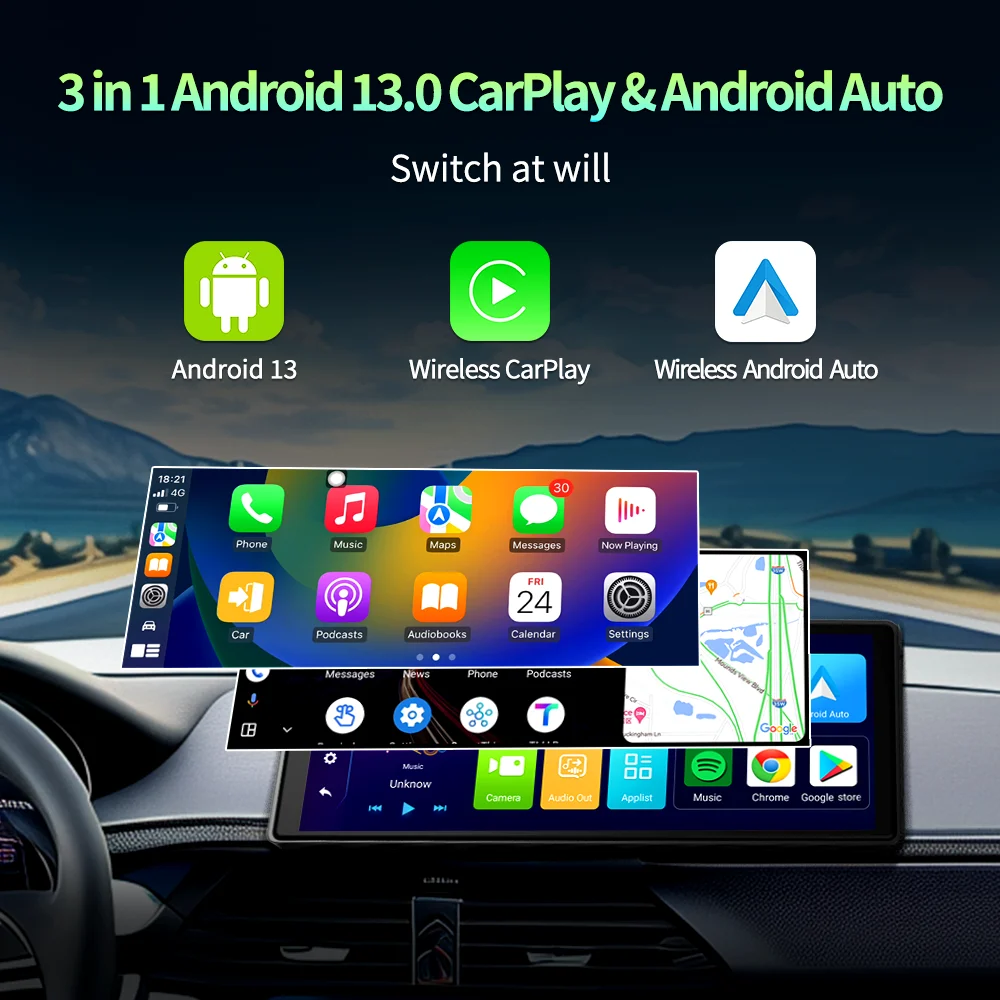 Car Dash Cam Imagebon E64 10.26" Android 13 Dash Cam Wireless CarPlay & Android Auto Car DVR Netflix Google Play GPS Rearview Mirror Camera