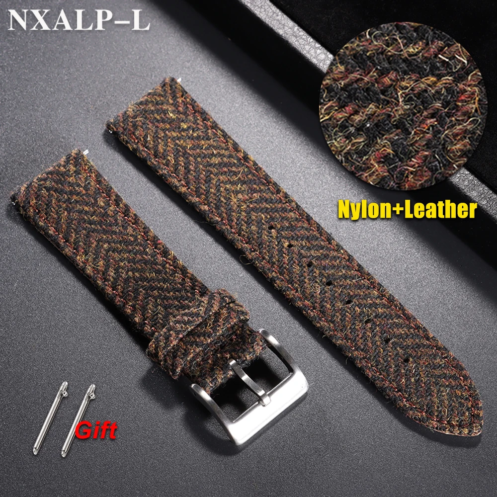 Vintage Genuine Leather & Tweed Nylon Quick Release Weave Bracelet Watch Band