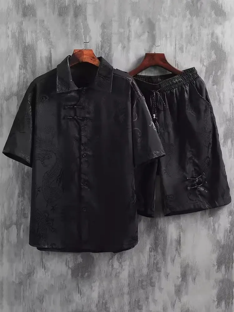 New Summer Short Sleeve Shirt Shorts Two Piece Set Men Vintage Printed Chinese Style Martial Arts Tai Chi Sets Large Size 5XL