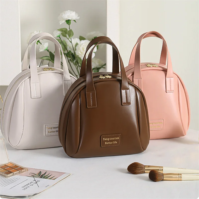 

Large Capacity Travel Cosmetic Bag Portable Leather Toiletry Bag with Handle Organizer Multifunctional Waterproof Makeup Bag