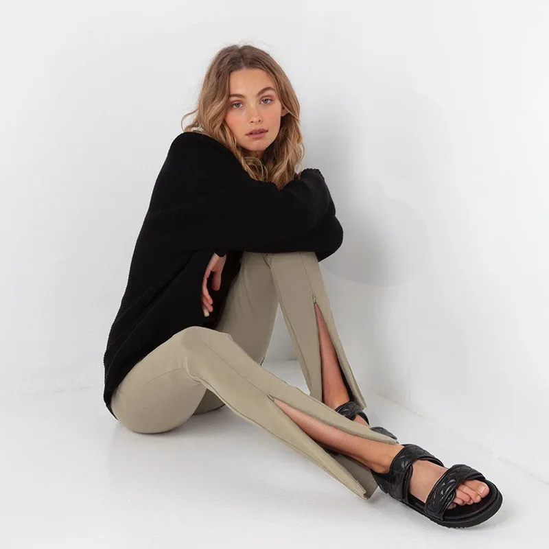 Ggbaofan Fashion Sexy Black High Waist Zipper Split Pants For Women Summer Skinny Femme Pantalon Streetwear Slim Trousers cropped leggings